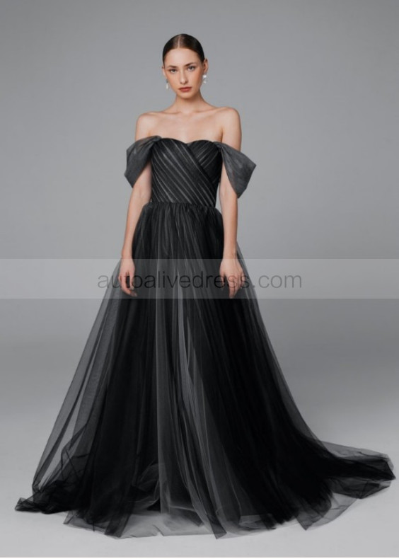 Off Shoulder Black Pleated Tulle Wedding Dress